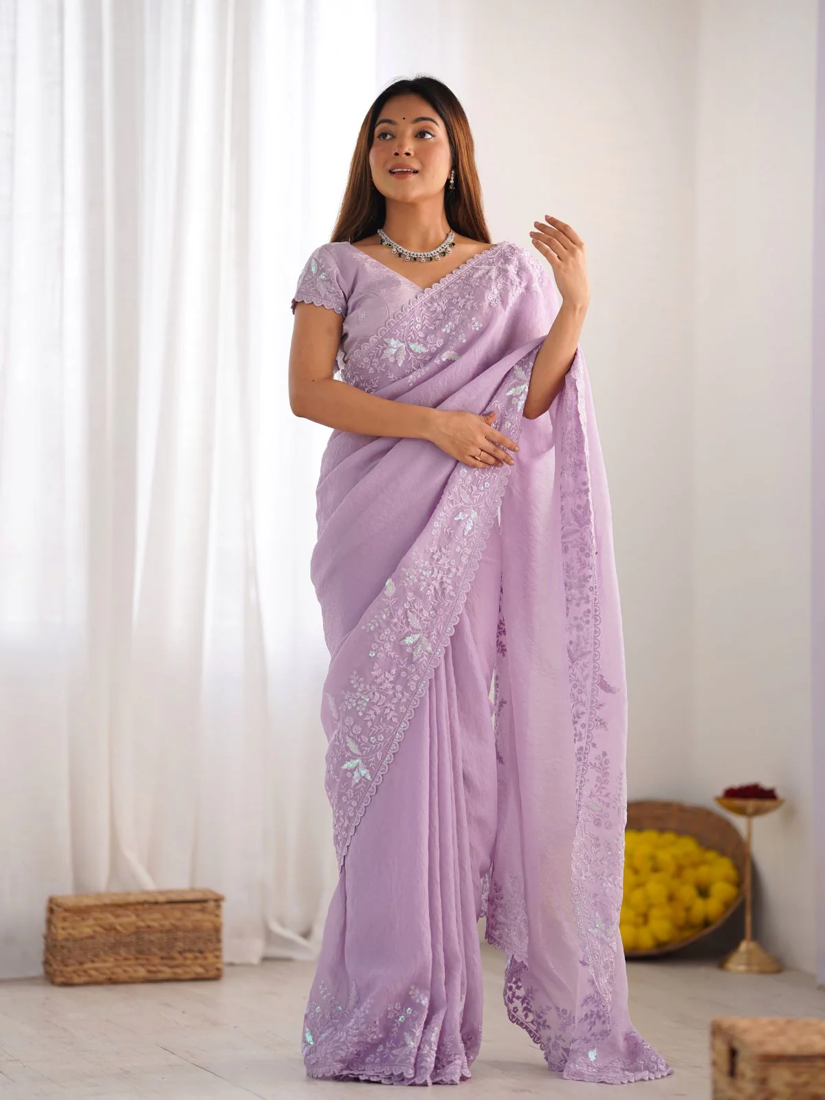 Odette Pink Crushed Tissue Embroidered Saree With Unstitched Blouse For Women - Image 3