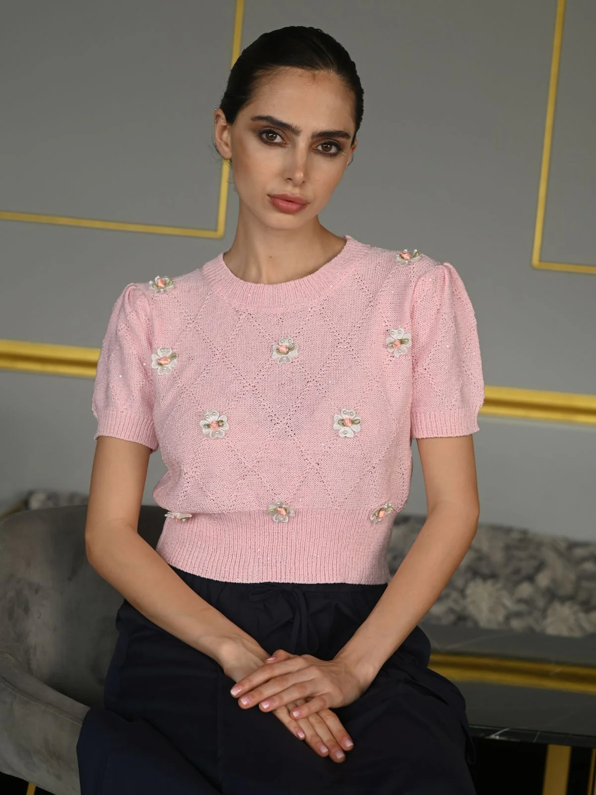 Odette Pink Designed Rib Embellished Top For Women