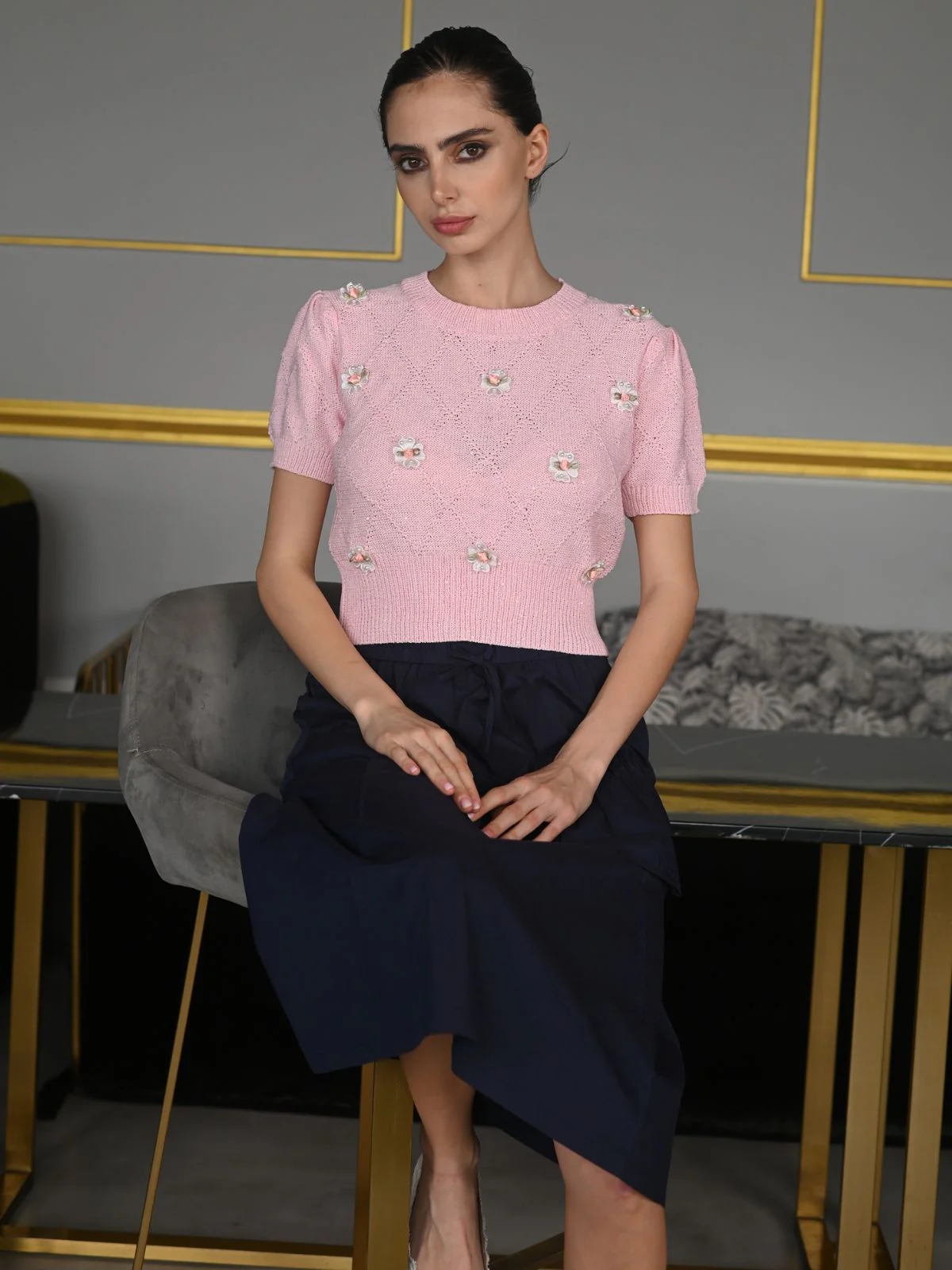 Odette Pink Designed Rib Embellished Top For Women - Image 2