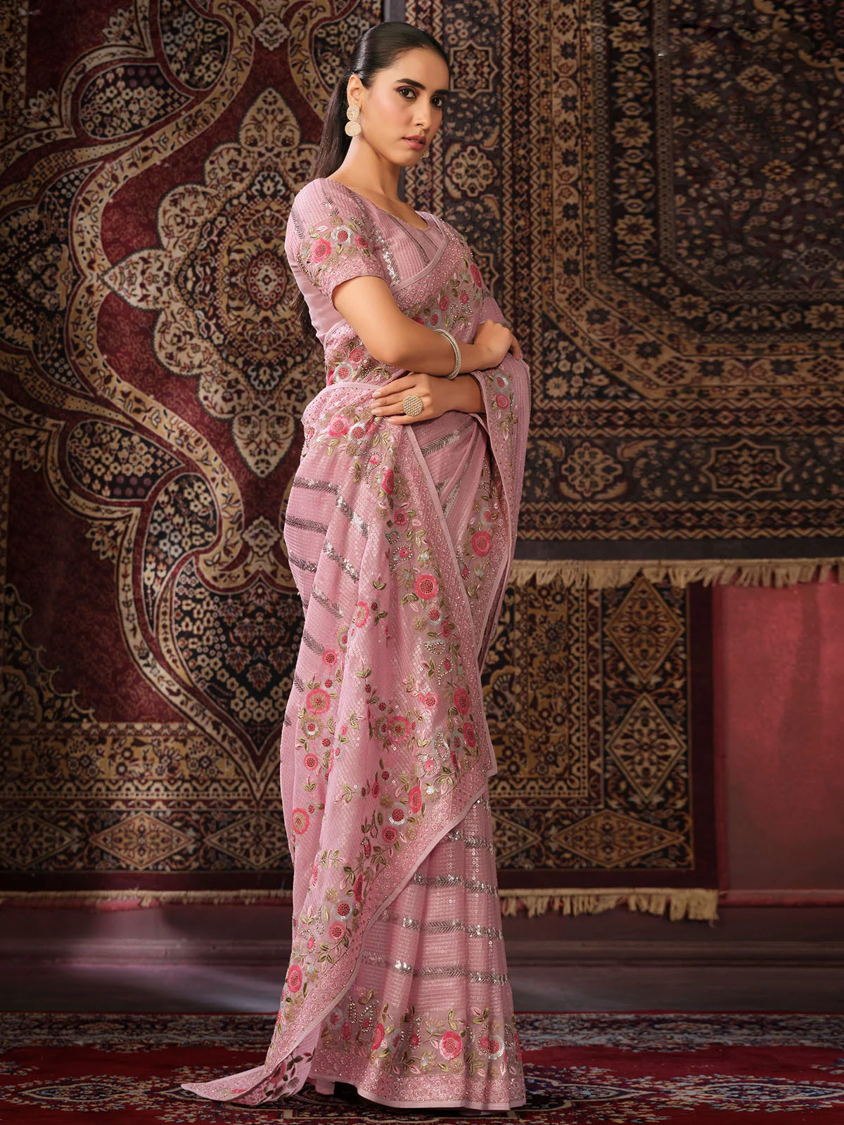 Odette Pink Embellished Georgette Saree With unstitched Blouse For Women - Image 2