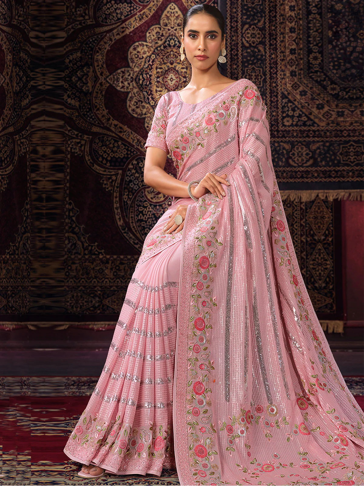 Odette Pink Embellished Georgette Saree With unstitched Blouse For Women - Image 3