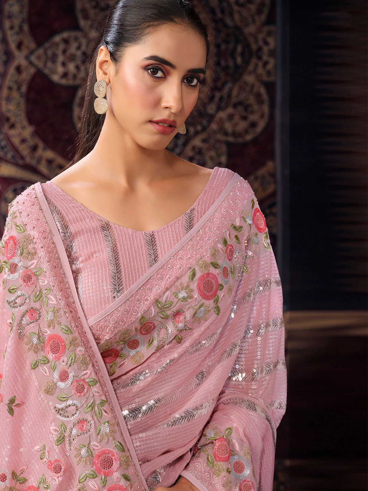 Odette Pink Embellished Georgette Saree With unstitched Blouse For Women - Image 4