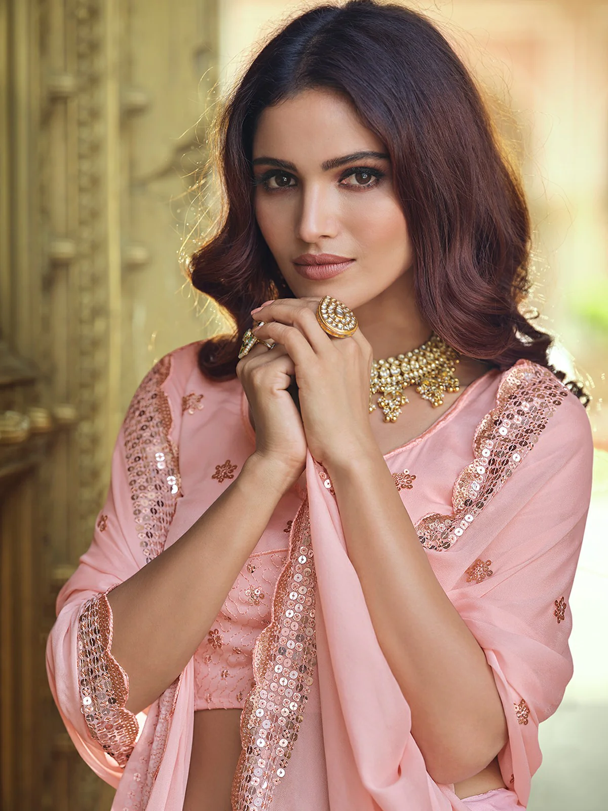 Odette Pink Embellished Georgette Semi Stitched Lehenga With Blouse For Women - Image 4