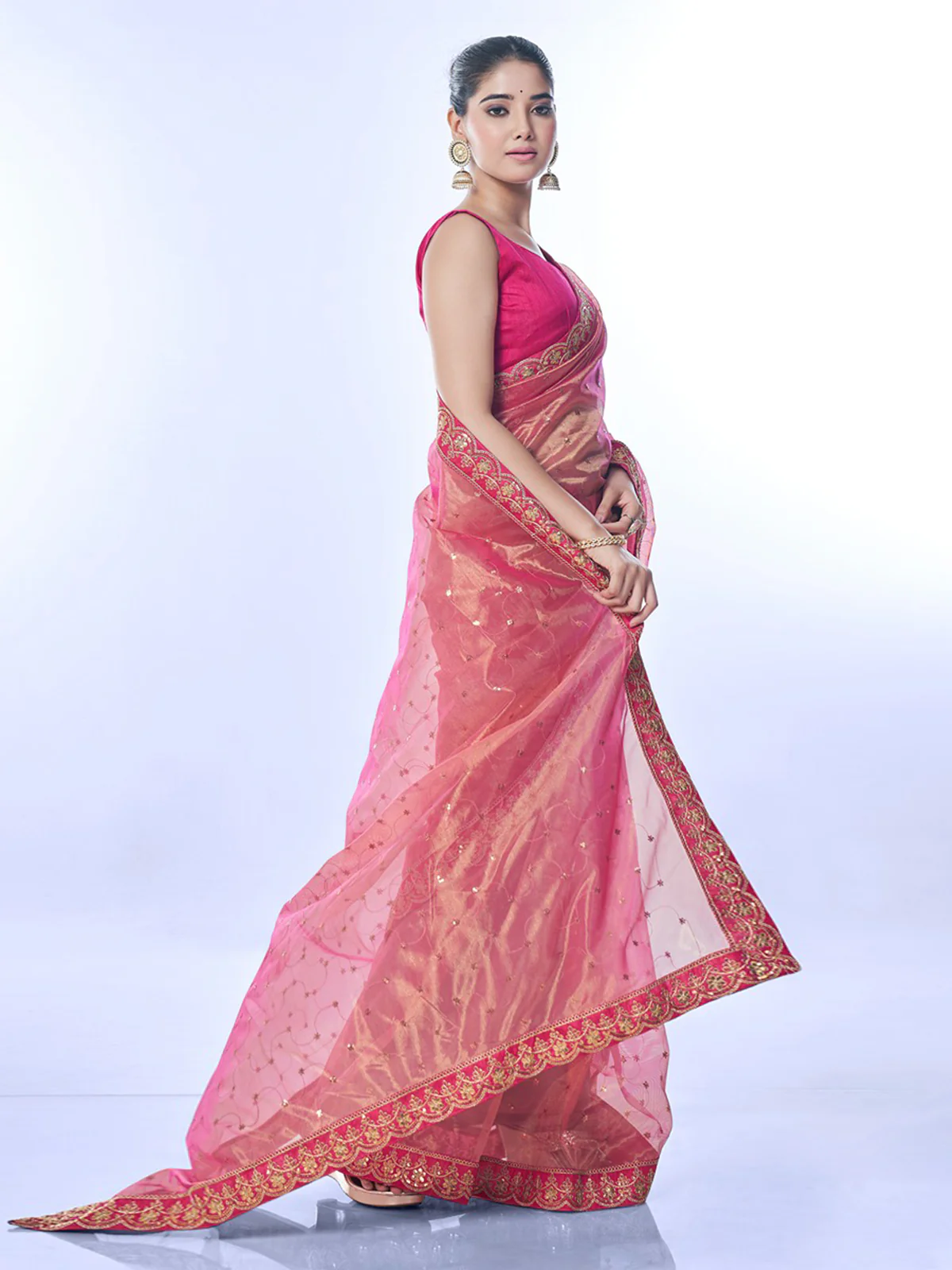 Odette Pink Embellished Net Saree With Unstitched Blouse For Women - Image 3