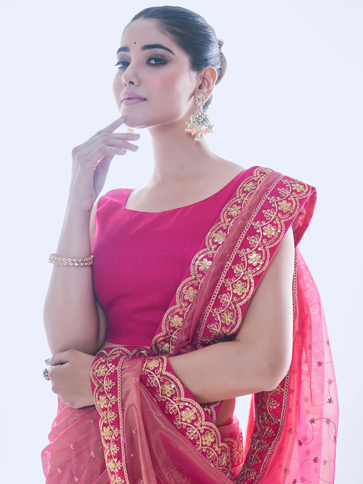 Odette Pink Embellished Net Saree With Unstitched Blouse For Women - Image 5