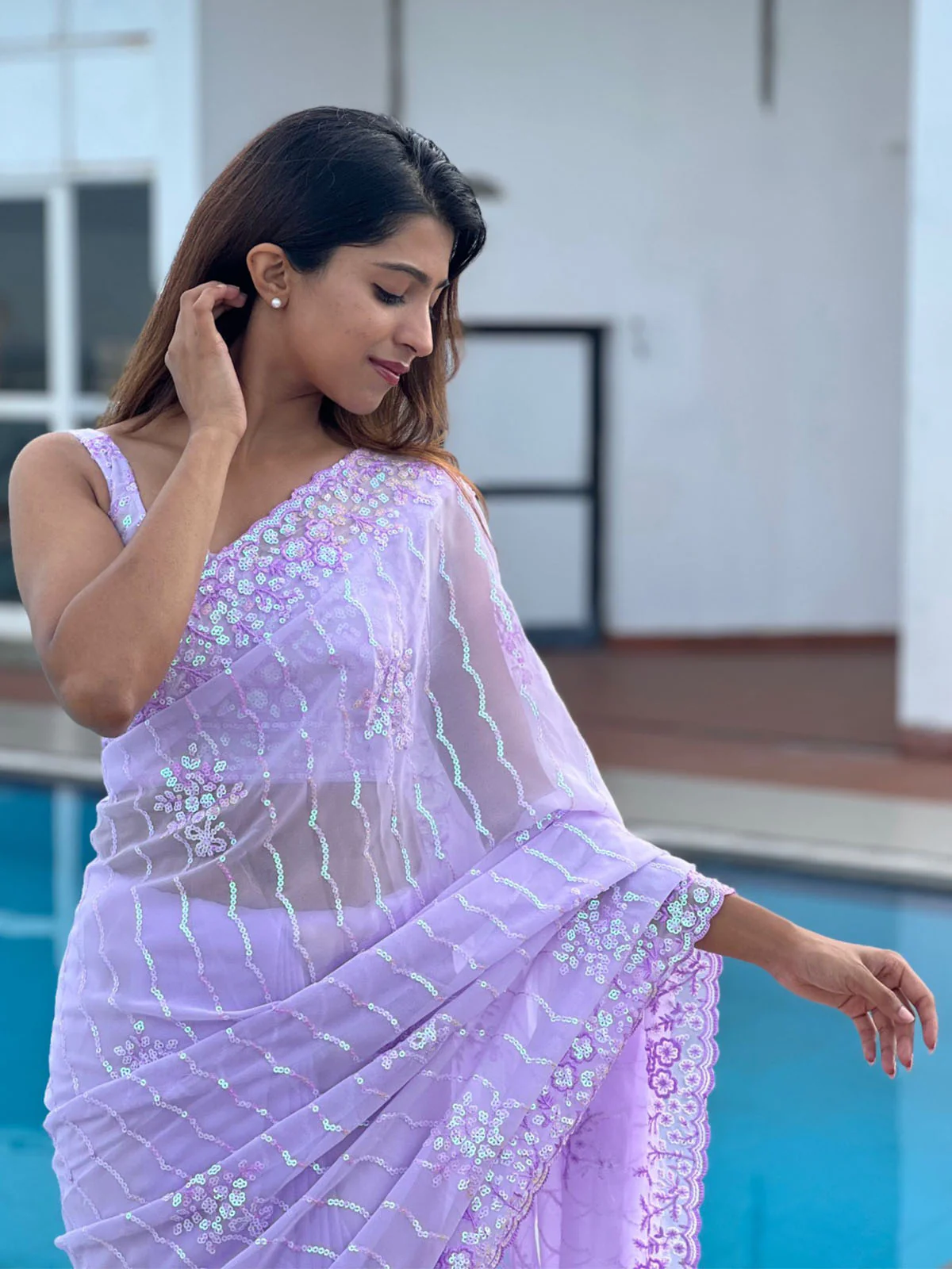 Odette Pink Embellished Soft Georgette Saree With Unstitched Blouse For Women - Image 2