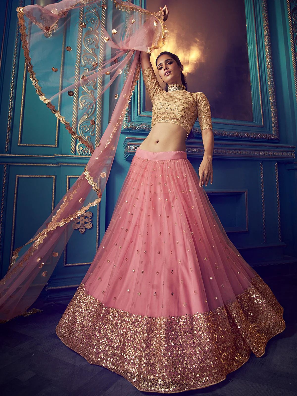 Odette Pink Embellished Soft Net Semi Stitched Lehenga With Blouse For Women - Image 2