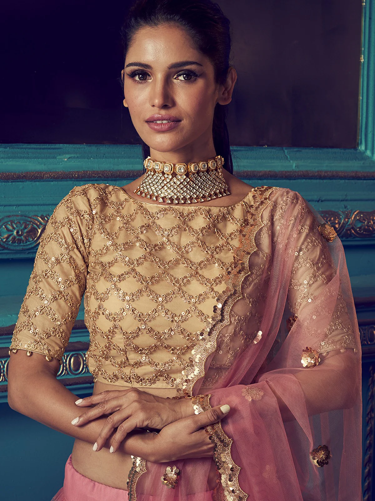 Odette Pink Embellished Soft Net Semi Stitched Lehenga With Blouse For Women - Image 3