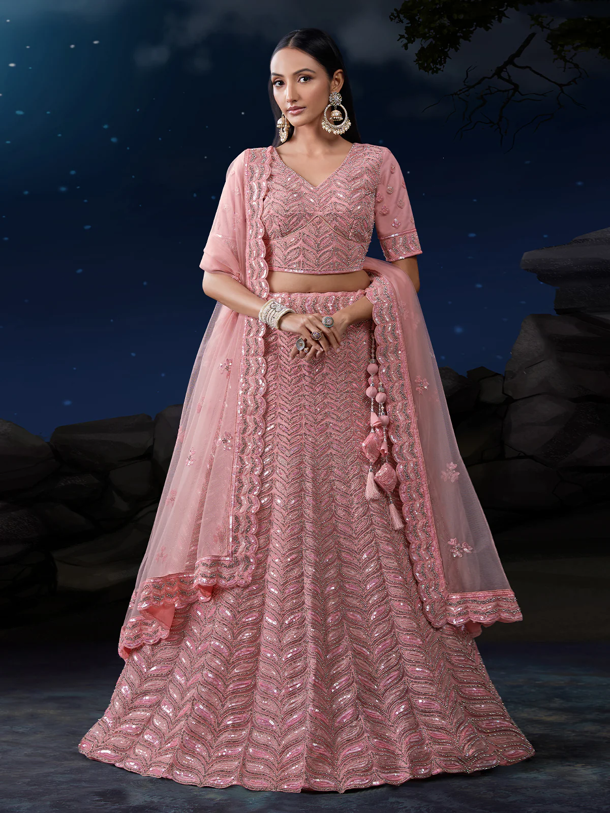 Odette Pink Embellished Soft Net Semi Stitched Lehenga With Blouse For Women - Image 2