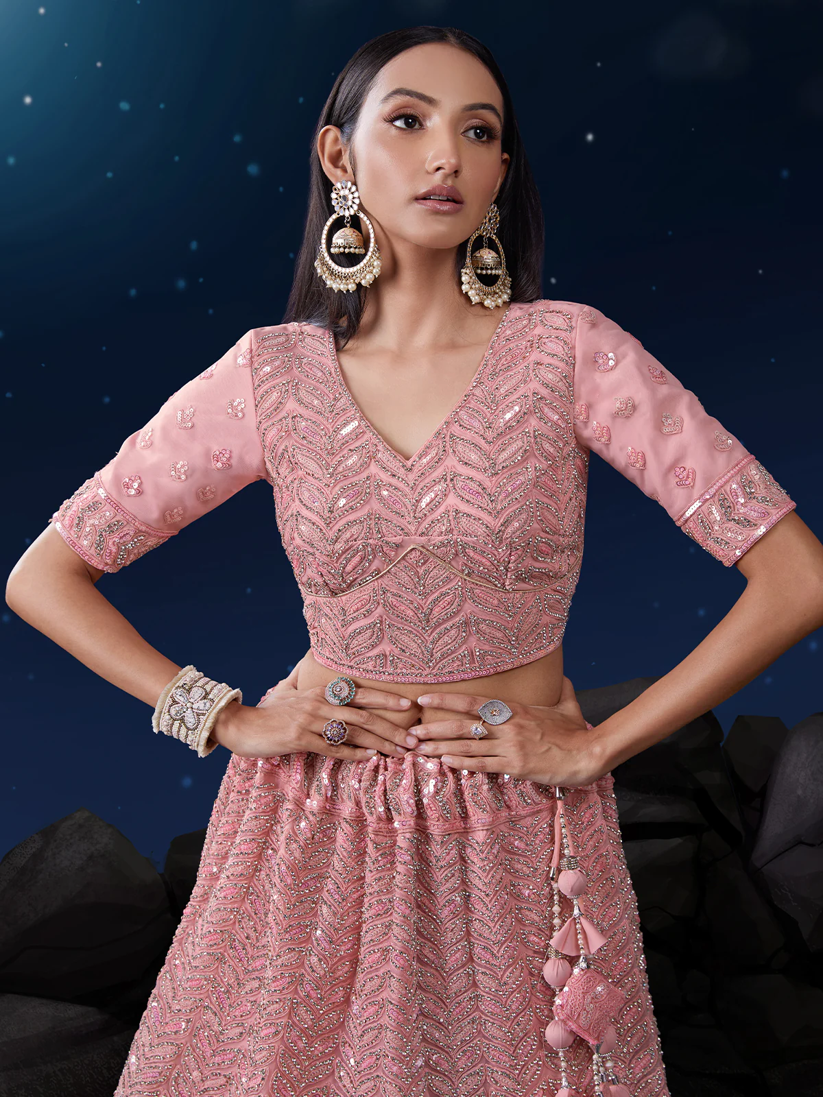 Odette Pink Embellished Soft Net Semi Stitched Lehenga With Blouse For Women - Image 6