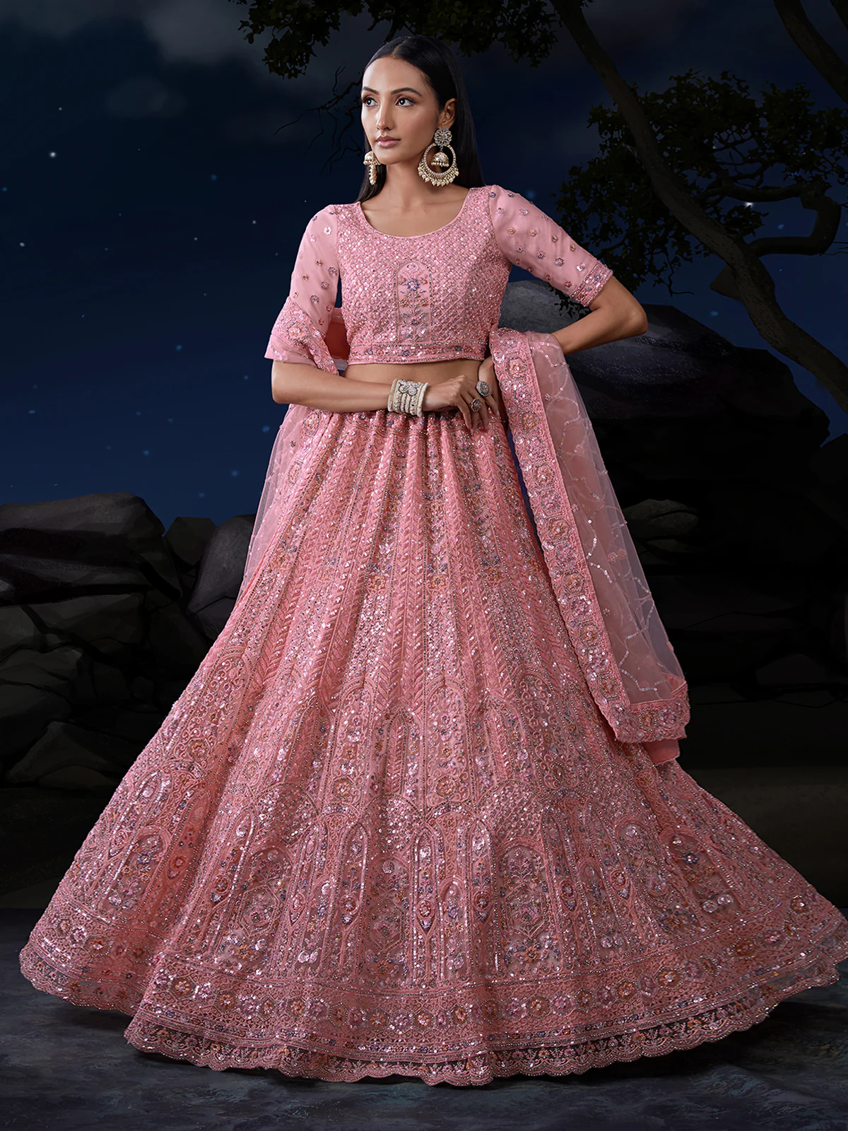 Odette Pink Embellished Soft Net Semi Stitched Lehenga With Blouse For Women - Image 2
