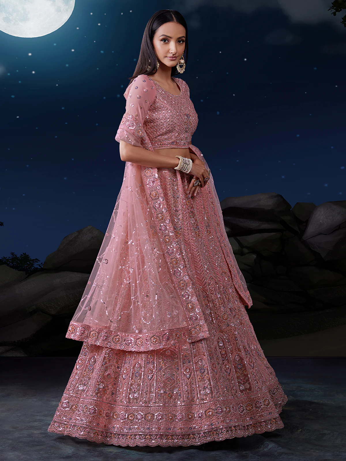Odette Pink Embellished Soft Net Semi Stitched Lehenga With Blouse For Women - Image 3
