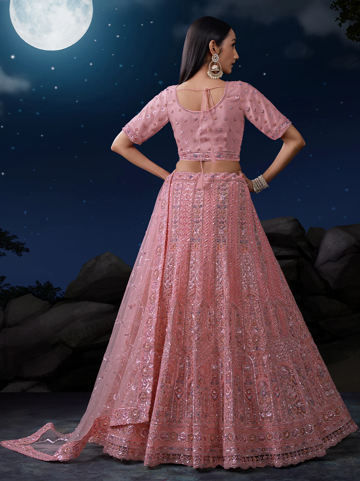Odette Pink Embellished Soft Net Semi Stitched Lehenga With Blouse For Women - Image 4