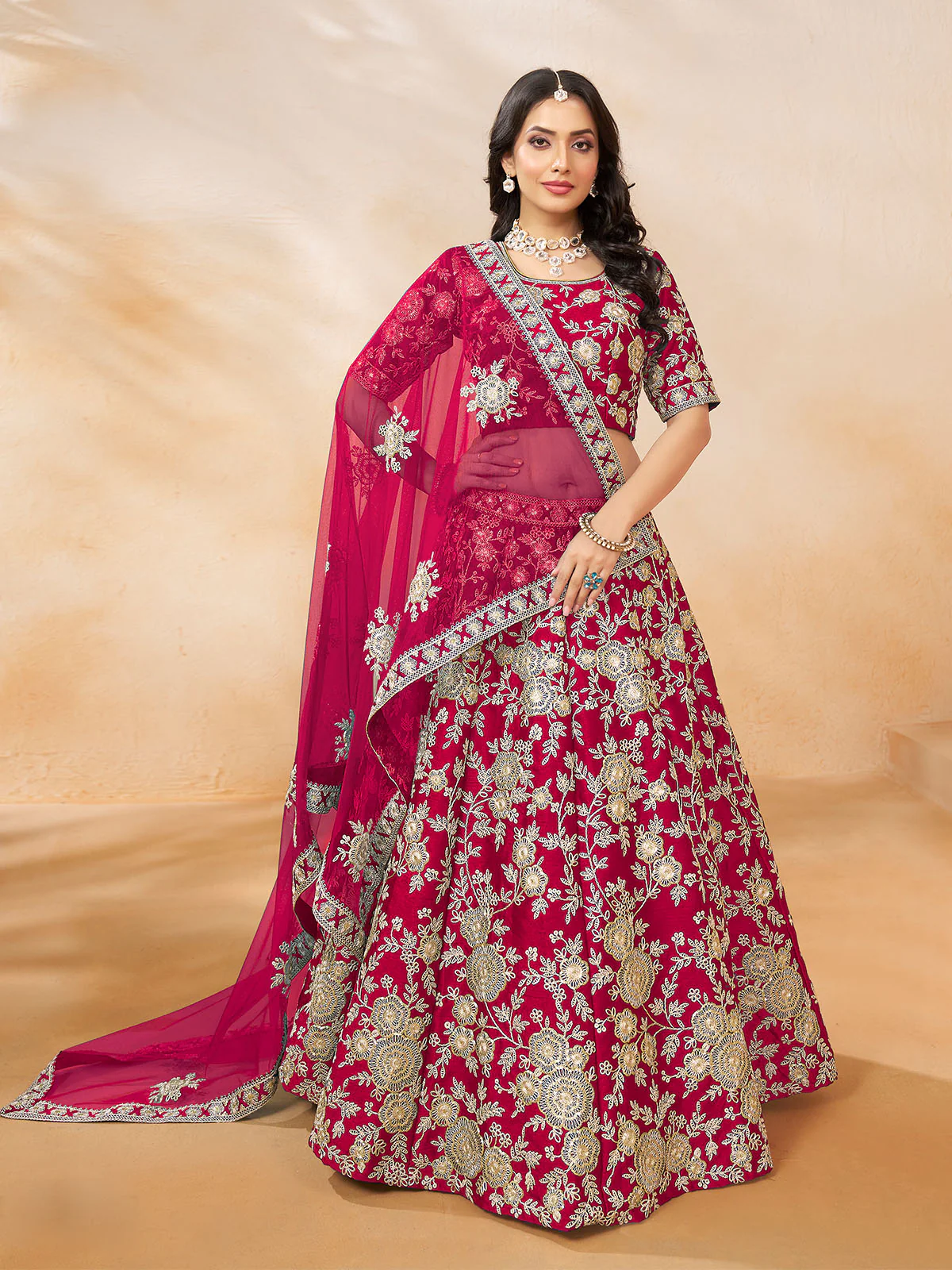 Odette Pink Embroidered Art Silk Semi Stitched Lehenga With Unstitched Blouse For Women - Image 2