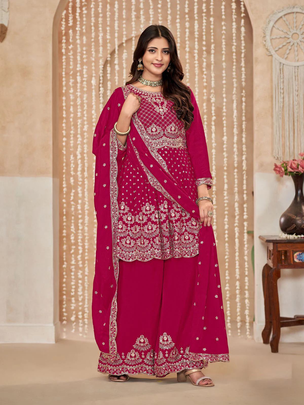 Odette Pink Embroidered Chinon Semi Stitched Kurta Set With Dupatta For Women - Image 2