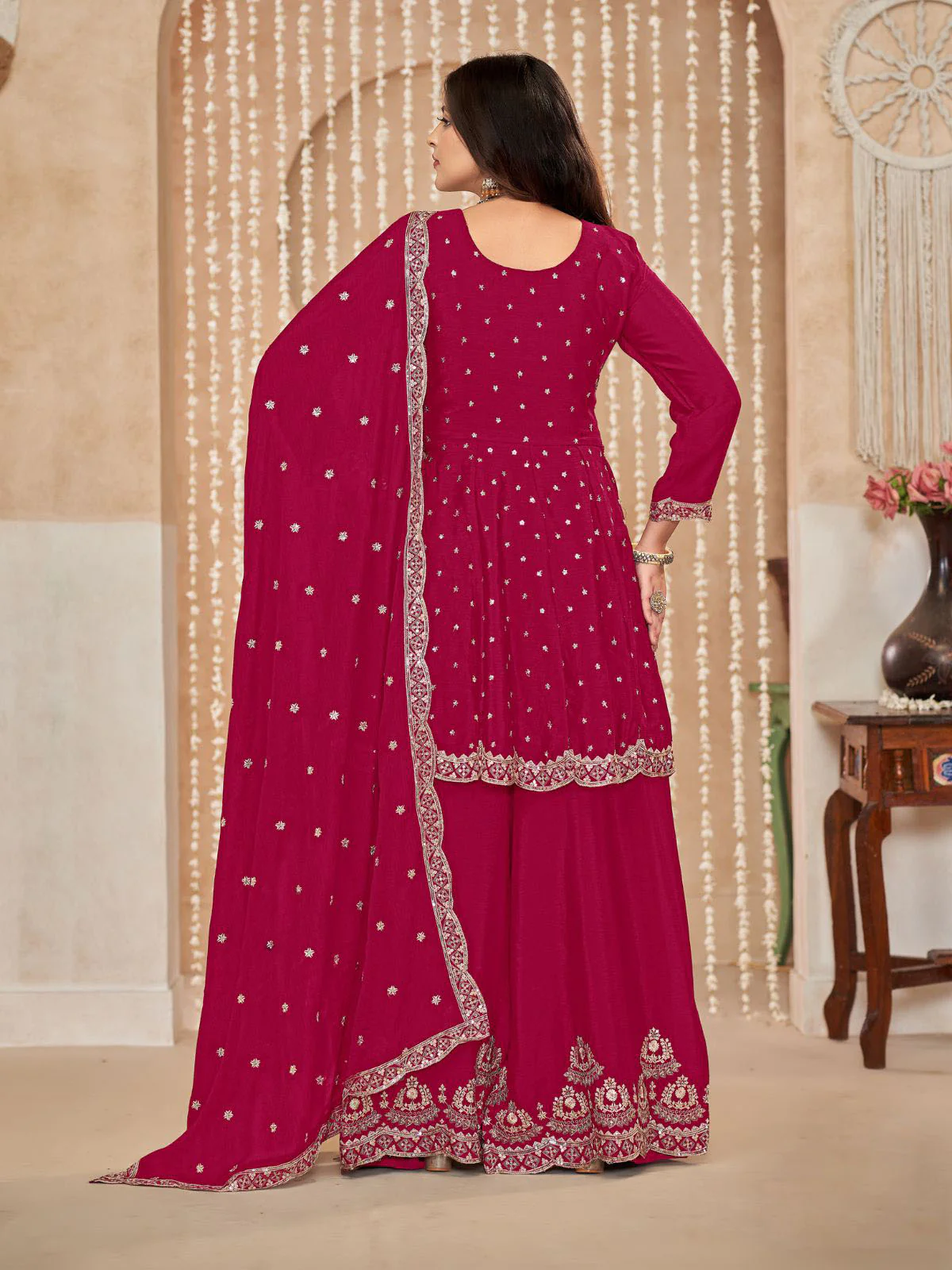 Odette Pink Embroidered Chinon Semi Stitched Kurta Set With Dupatta For Women - Image 4