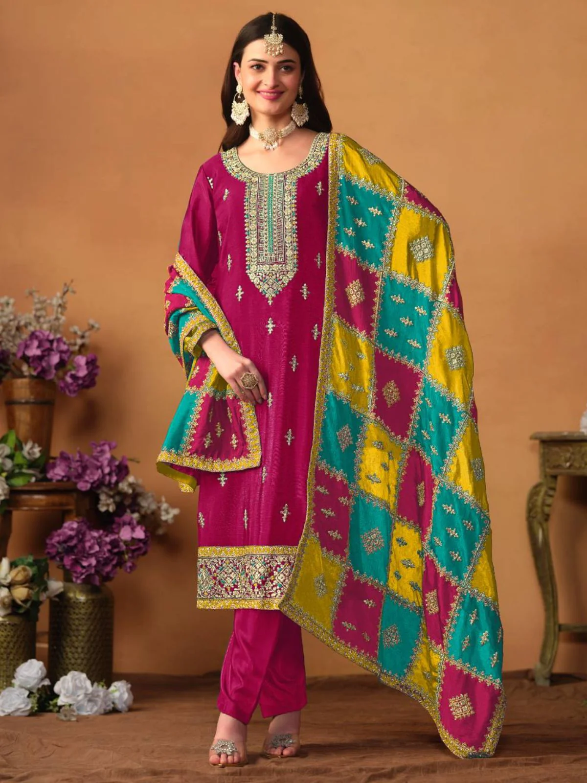 Odette Magenta Embroidered Chinon Silk Unstitched Kurta Set For Women - Image 2