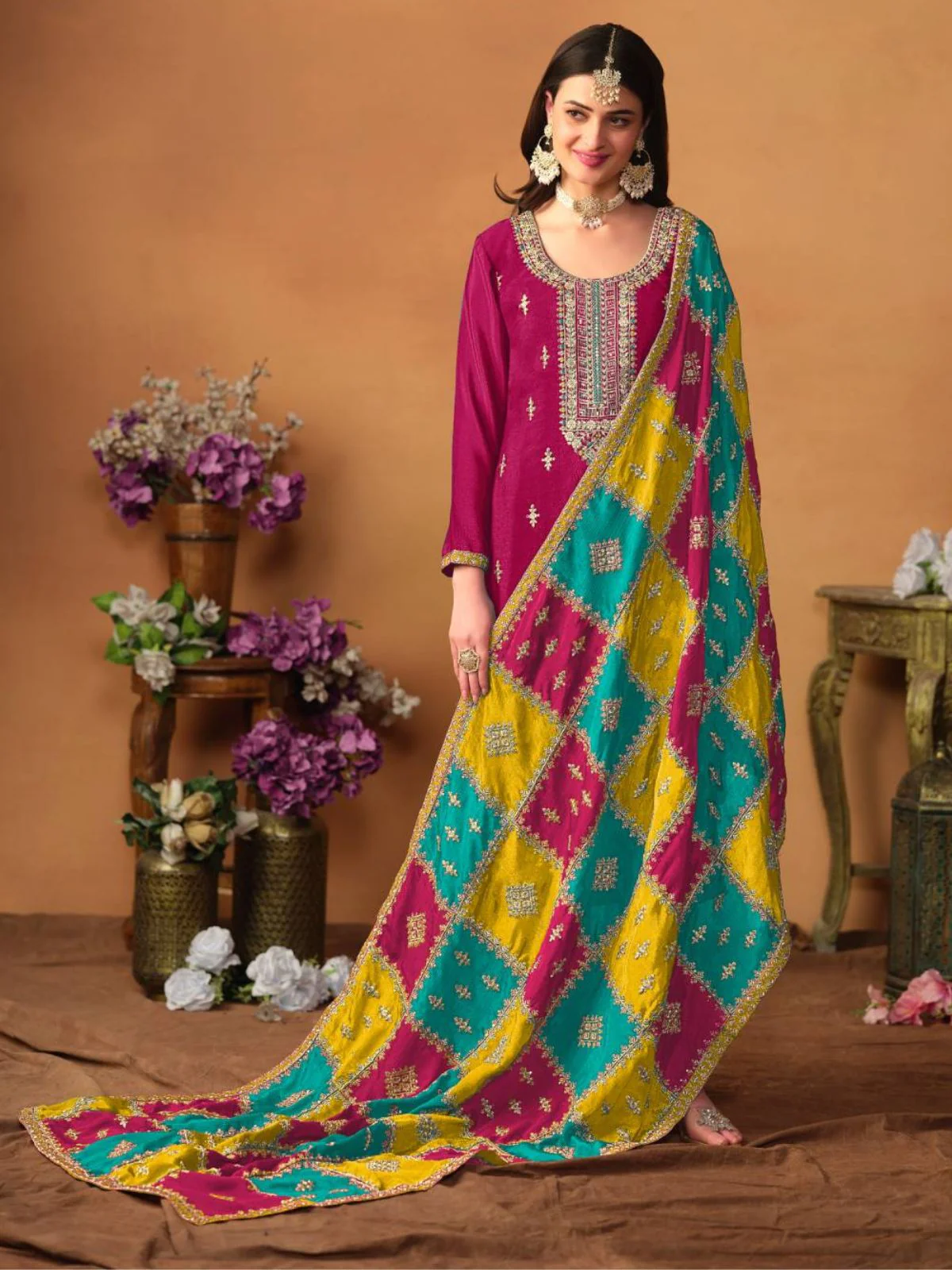 Odette Magenta Embroidered Chinon Silk Unstitched Kurta Set For Women - Image 3