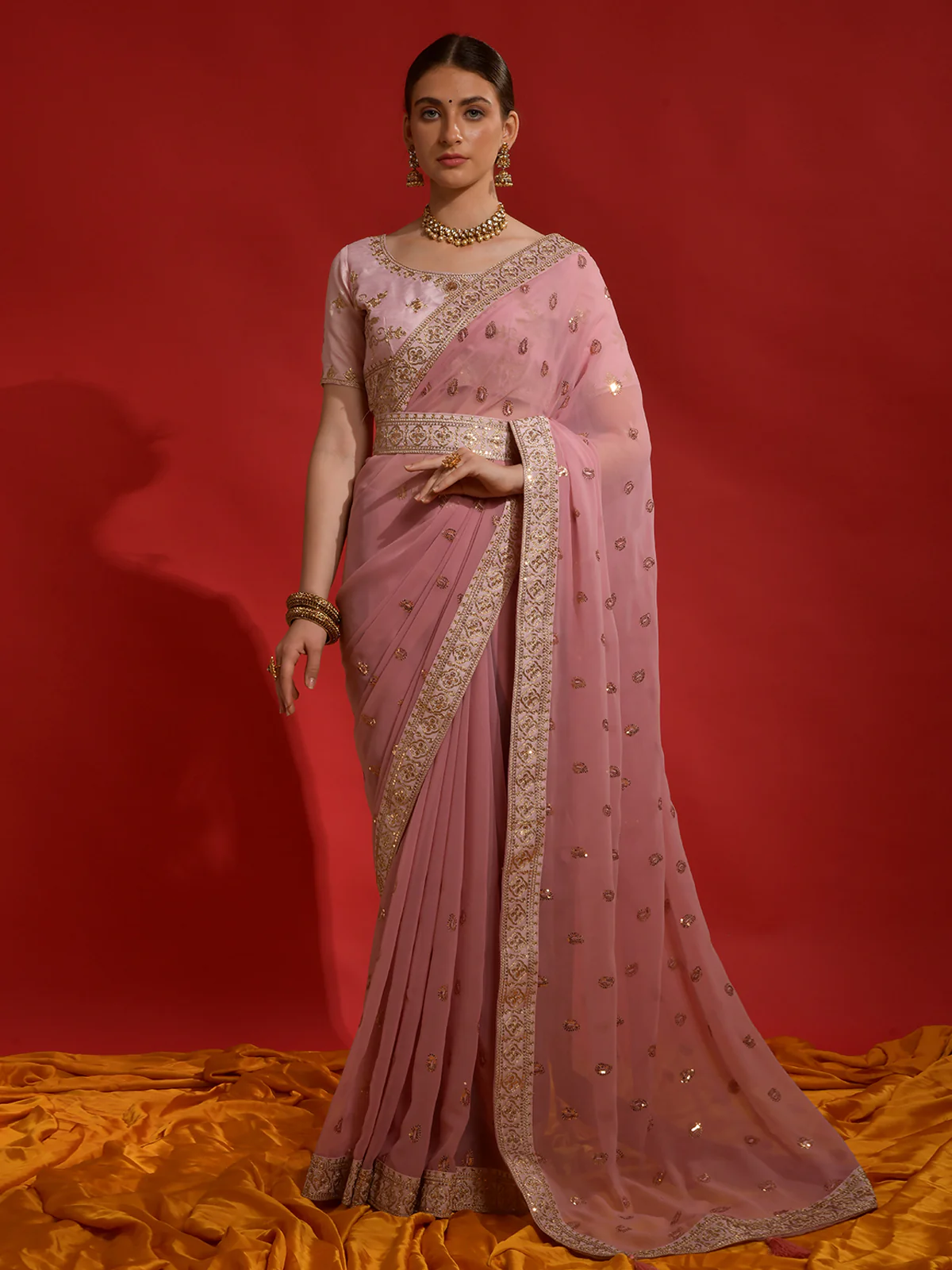 Odette Pink Embroidered Georgette Saree With Unstitched Blouse For Women - Image 2