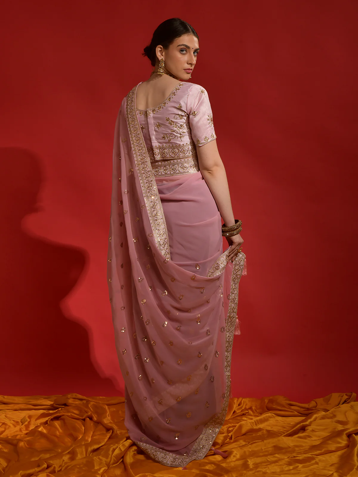 Odette Pink Embroidered Georgette Saree With Unstitched Blouse For Women - Image 4
