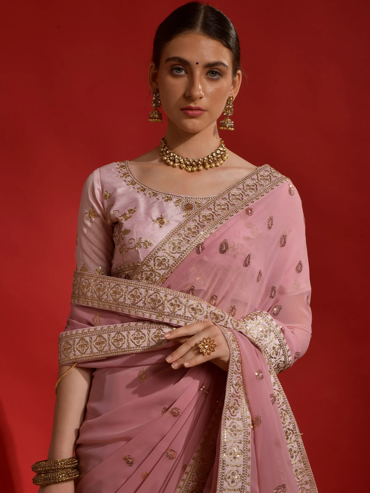 Odette Pink Embroidered Georgette Saree With Unstitched Blouse For Women - Image 5