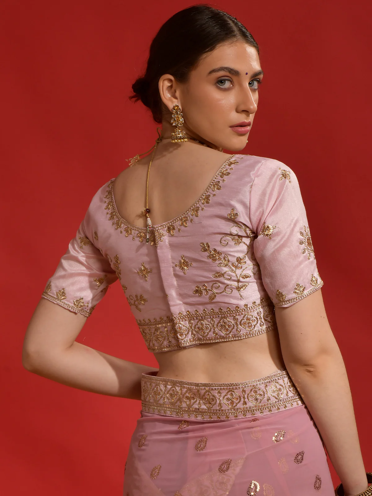 Odette Pink Embroidered Georgette Saree With Unstitched Blouse For Women - Image 7