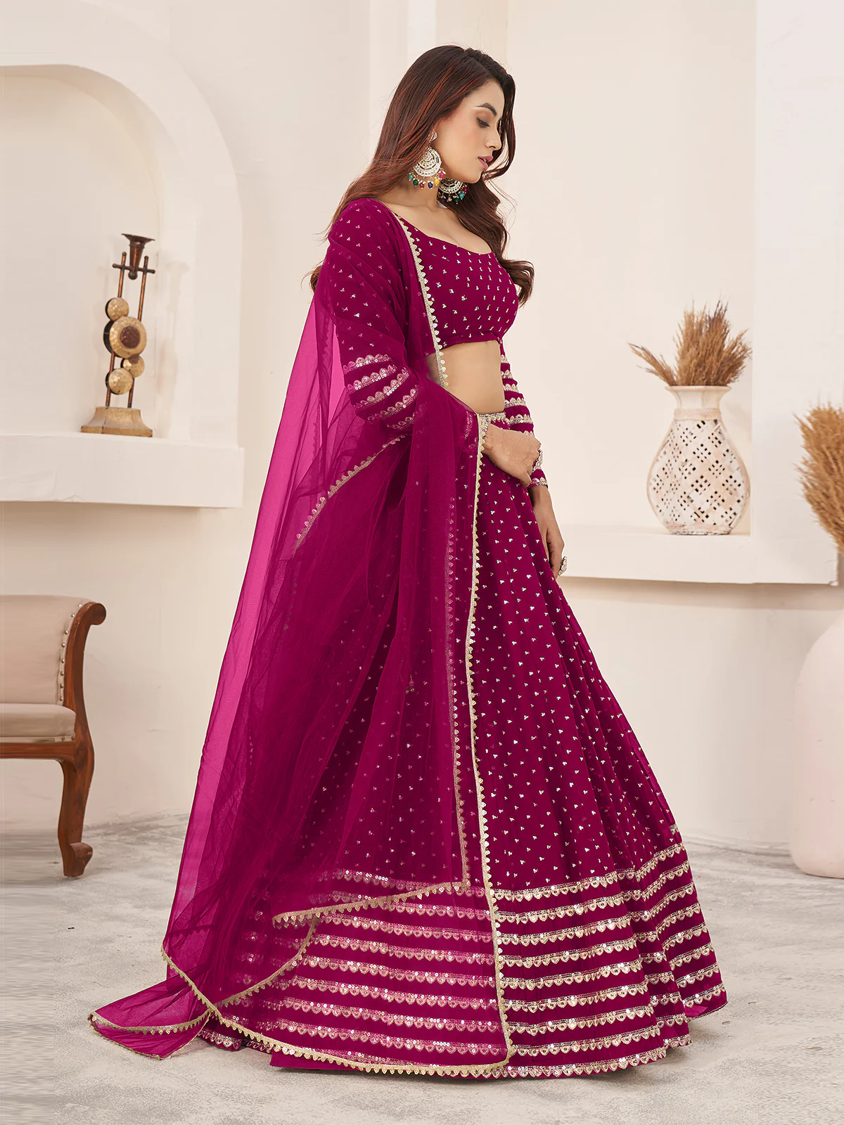 Odette Pink Georgette Embellished Semi Stiched Lehenga With Unstitched Blouse For Women - Image 2