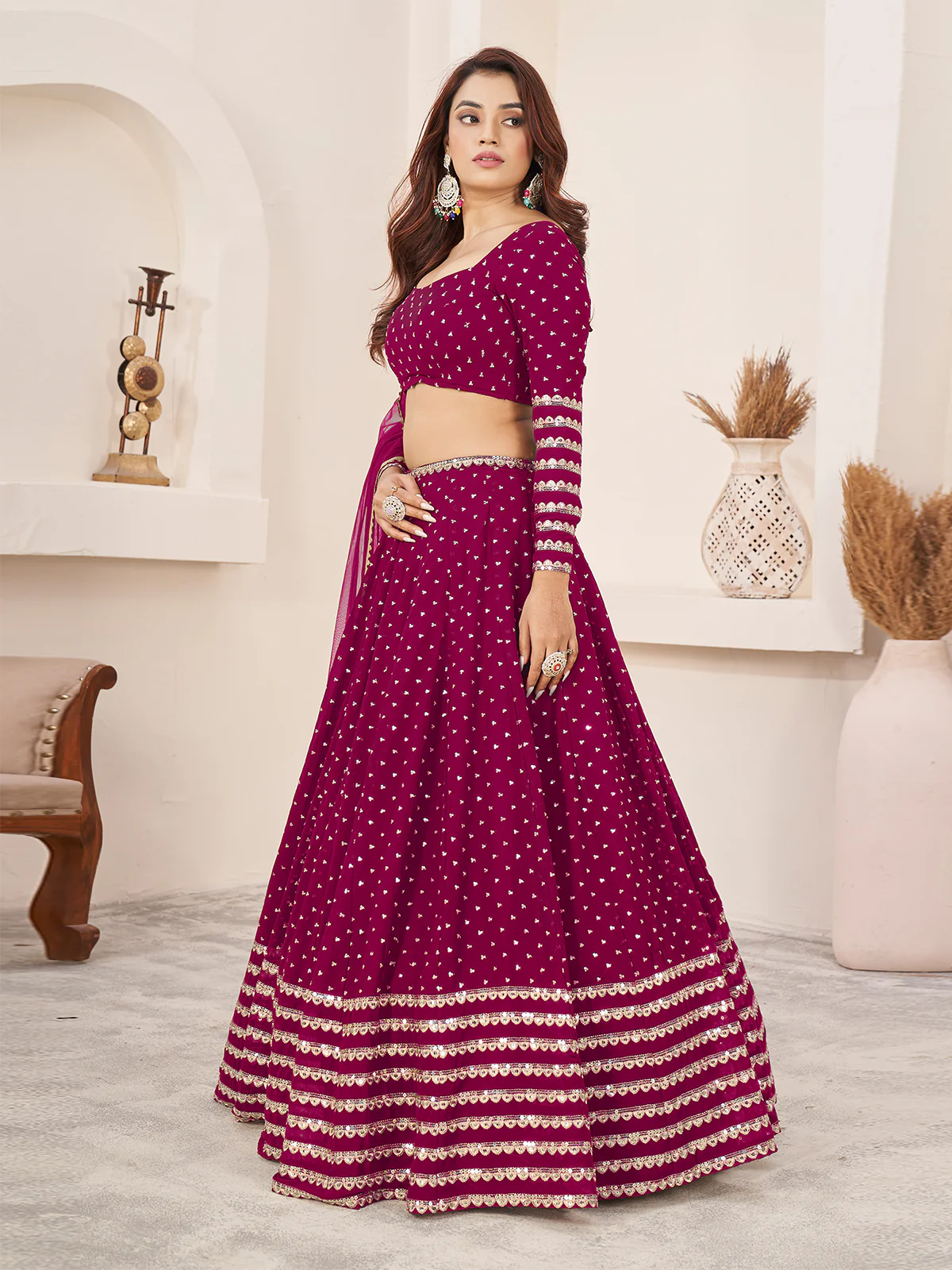 Odette Pink Georgette Embellished Semi Stiched Lehenga With Unstitched Blouse For Women - Image 4
