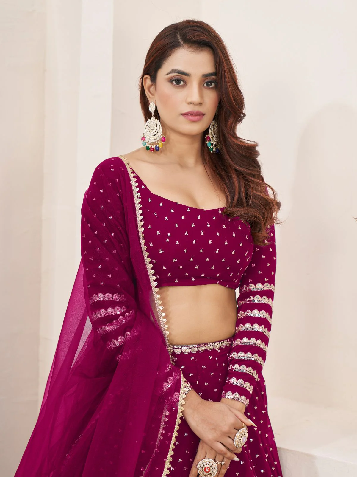 Odette Pink Georgette Embellished Semi Stiched Lehenga With Unstitched Blouse For Women - Image 5