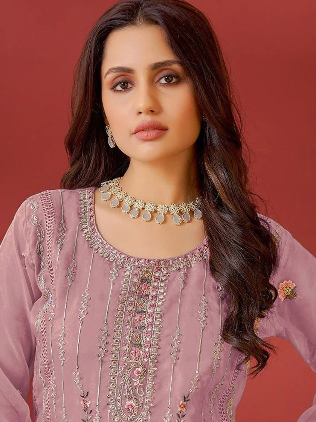 Odette Pink Embroidered Georgette Semi Stitched Kurta Set with Dupatta For Women - Image 2