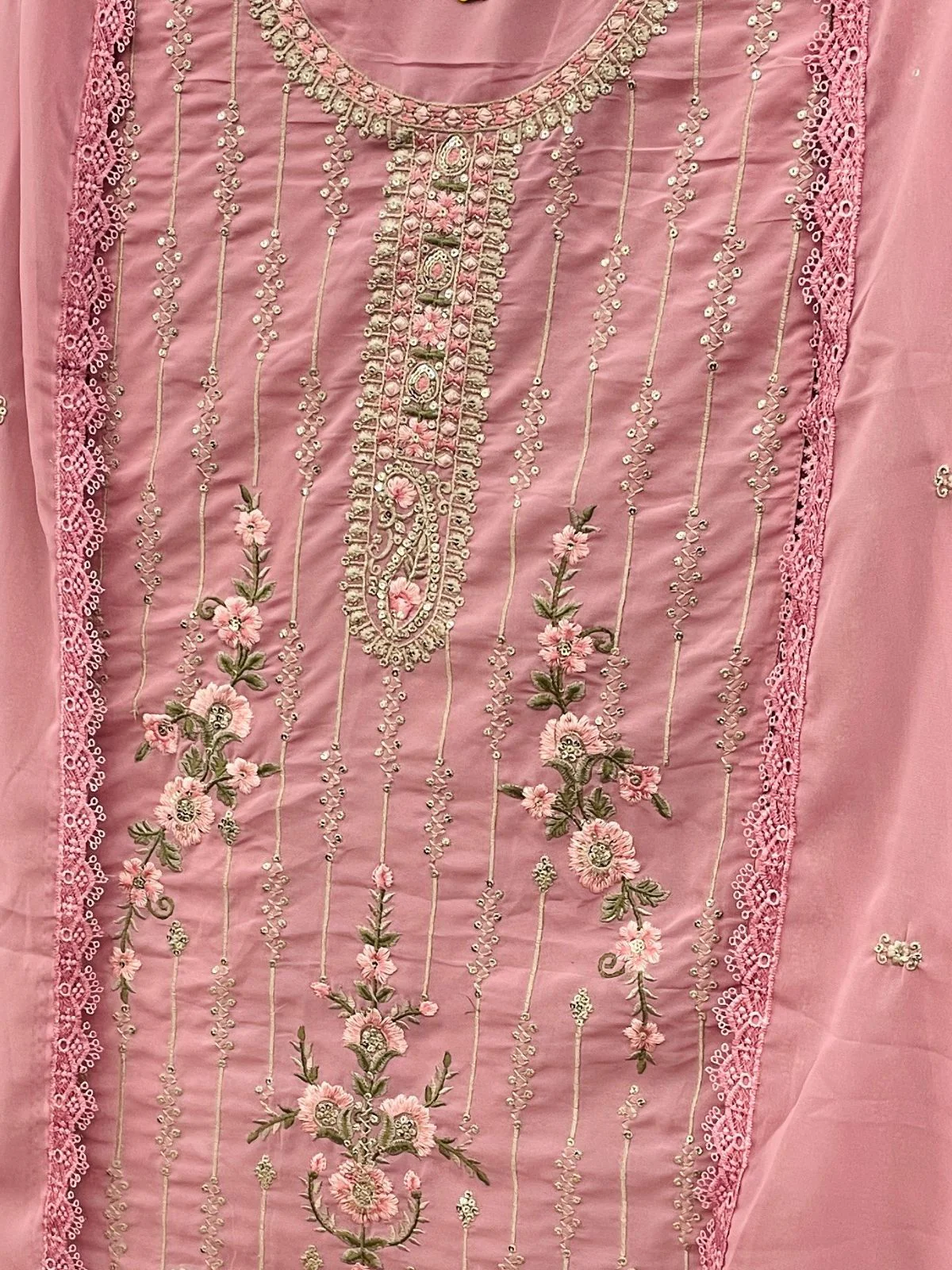 Odette Pink Embroidered Georgette Semi Stitched Kurta Set with Dupatta For Women - Image 3