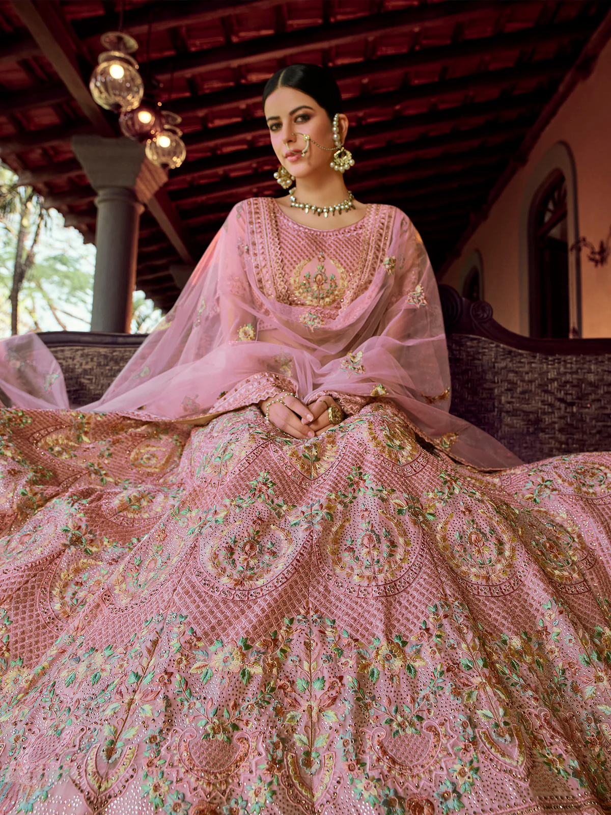 Odette Pink Embroidered Georgette Semi Stitched Lehenga With Blouse For Women - Image 2