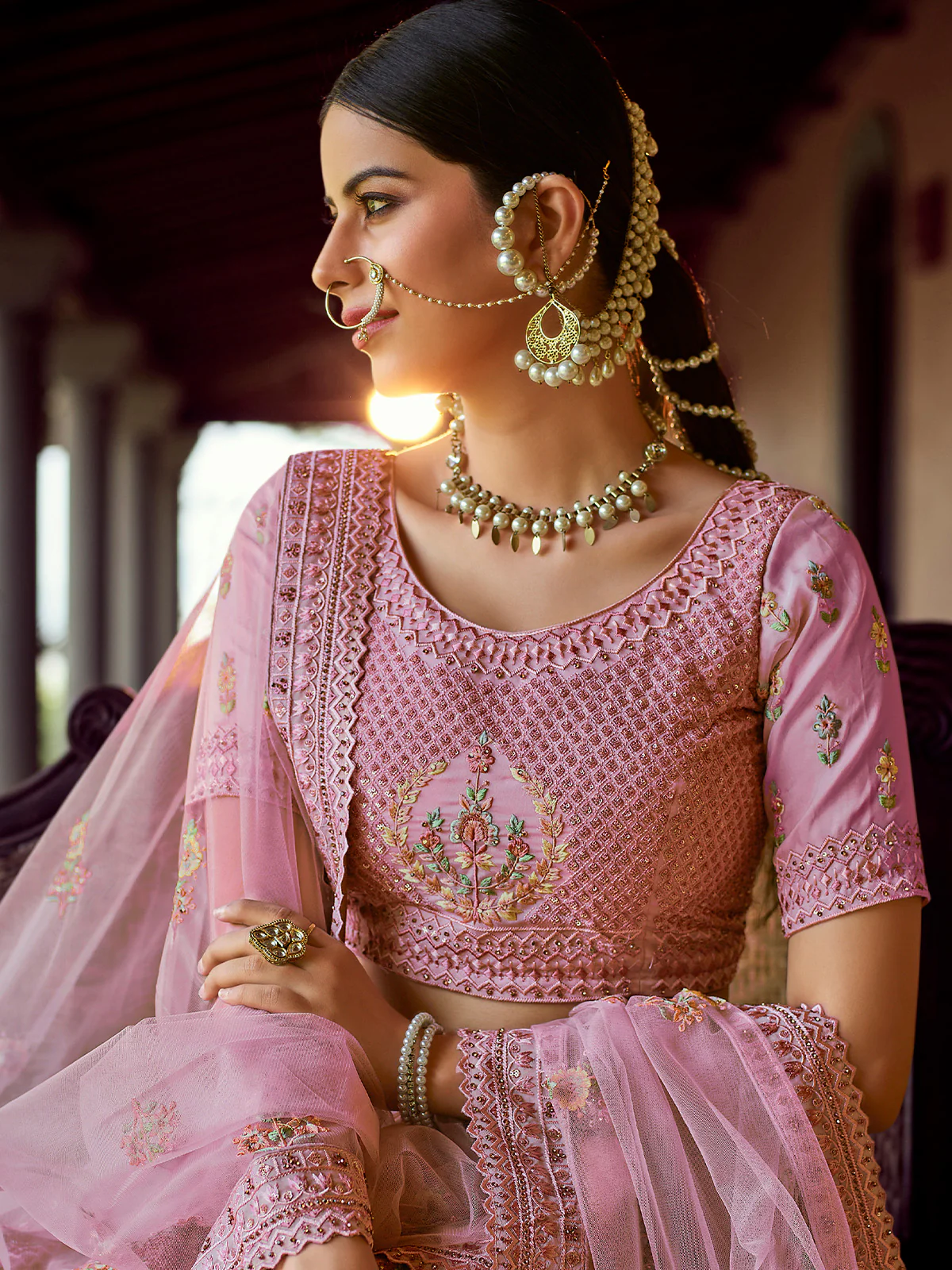 Odette Pink Embroidered Georgette Semi Stitched Lehenga With Blouse For Women - Image 4