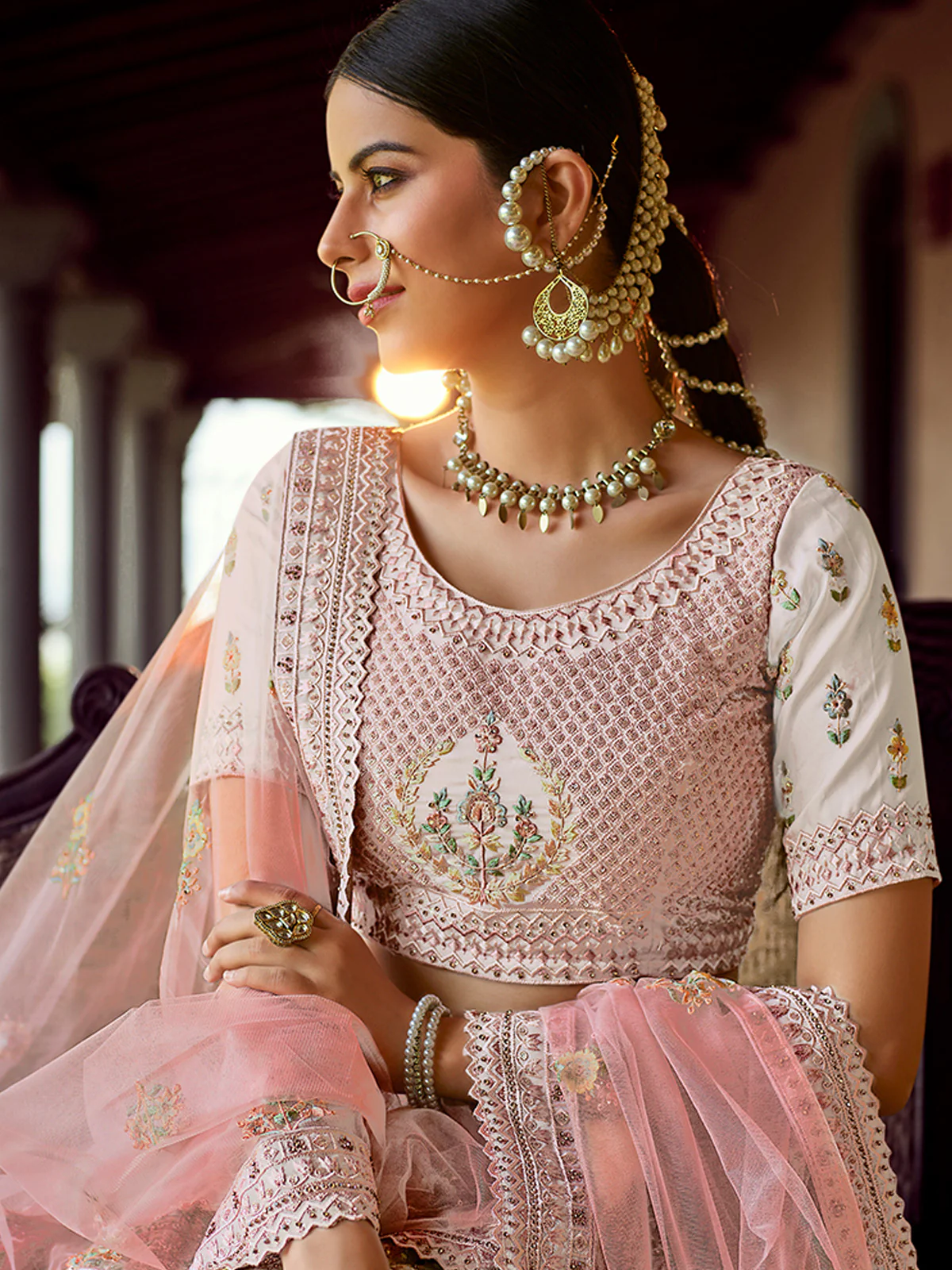Odette Pink Embroidered Georgette Semi Stitched Lehenga With Blouse For Women - Image 3