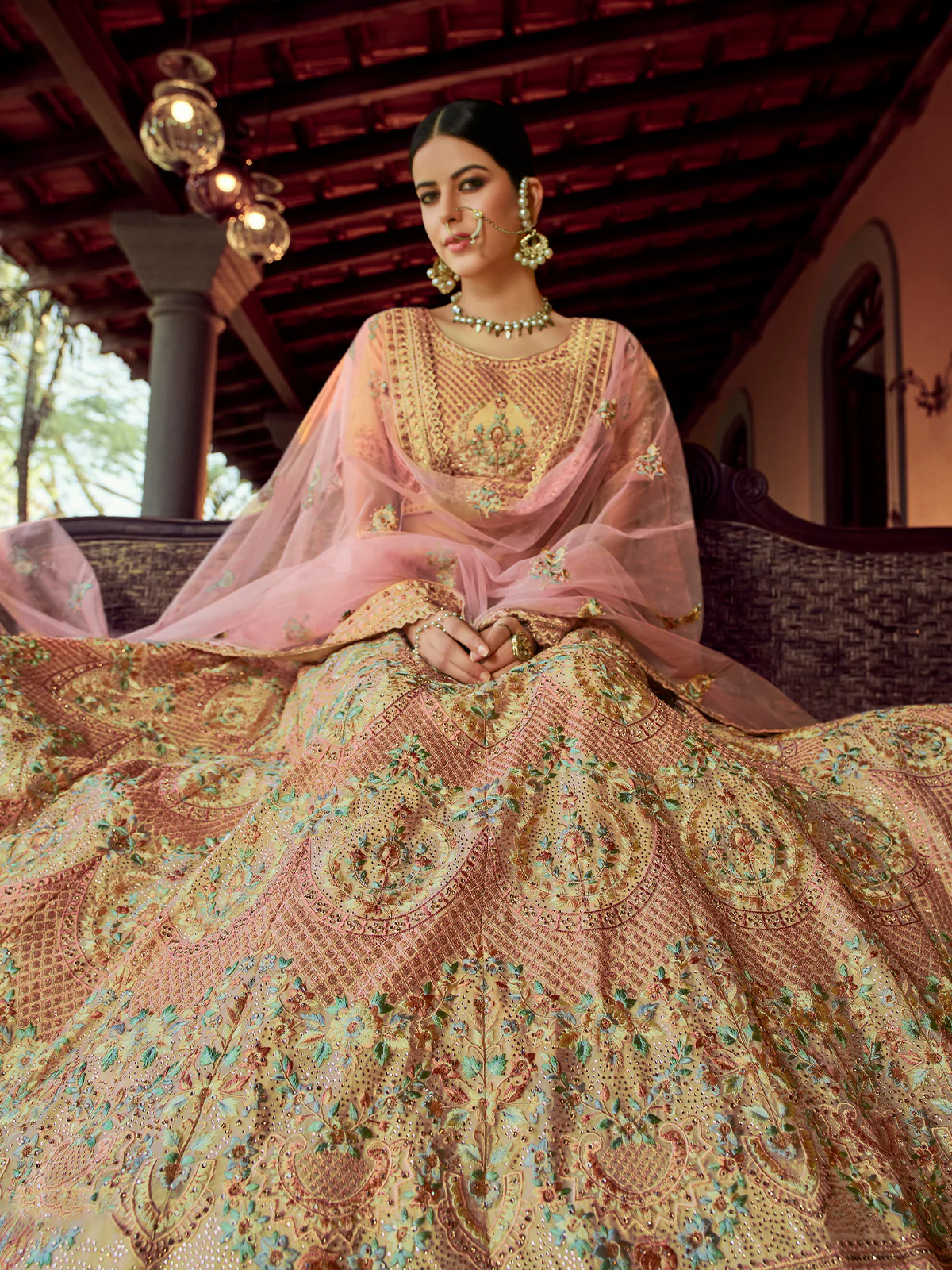 Odette Pink Embroidered Georgette Semi Stitched Lehenga With Blouse For Women - Image 2