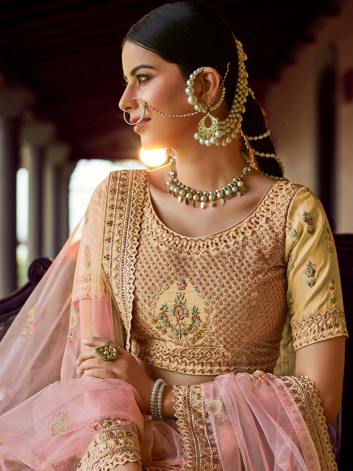 Odette Pink Embroidered Georgette Semi Stitched Lehenga With Blouse For Women - Image 3
