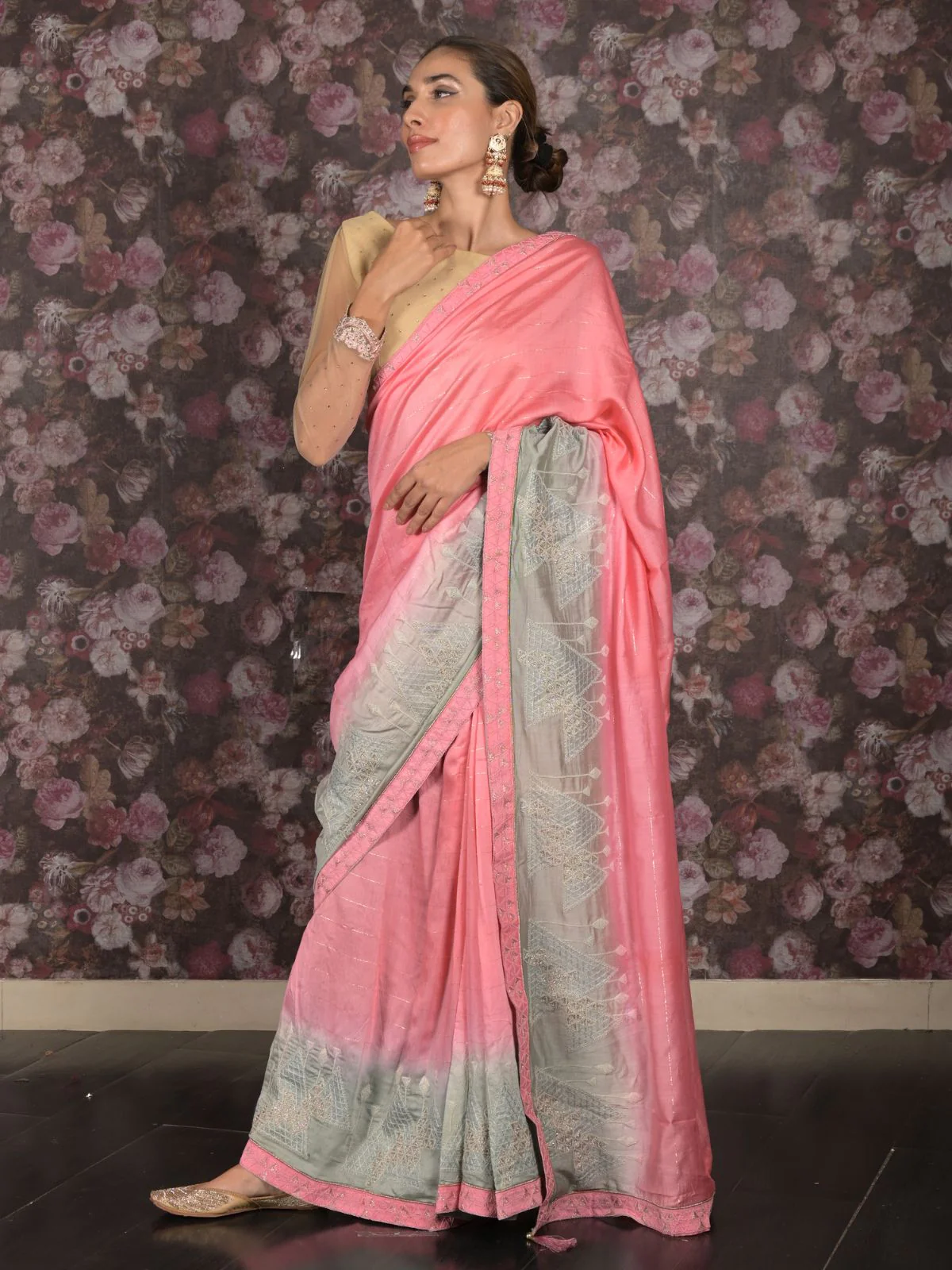 Odette Pink Embroidered Mercerized Cotton Saree with Unstitched Blouse for Women - Image 2