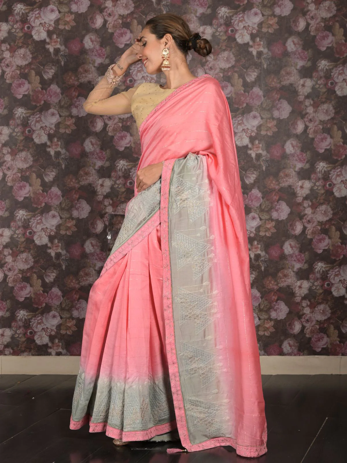 Odette Pink Embroidered Mercerized Cotton Saree with Unstitched Blouse for Women - Image 3