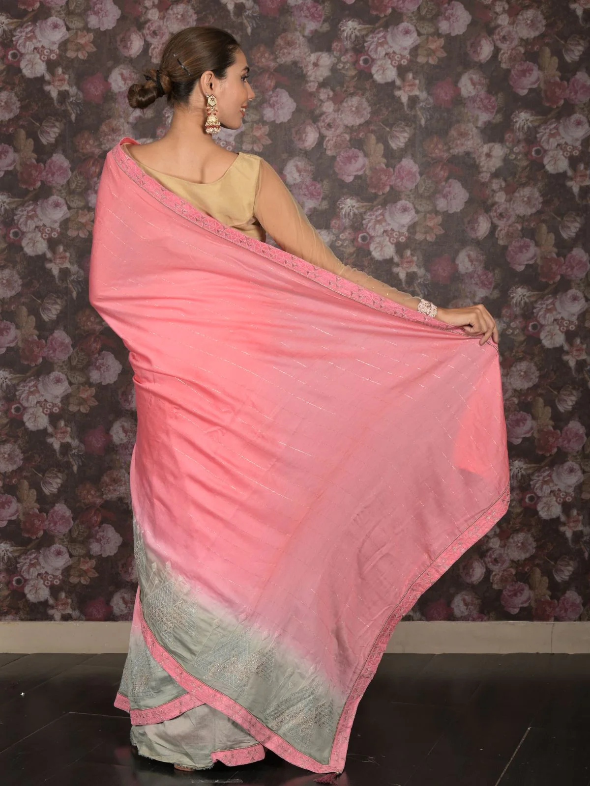 Odette Pink Embroidered Mercerized Cotton Saree with Unstitched Blouse for Women - Image 4