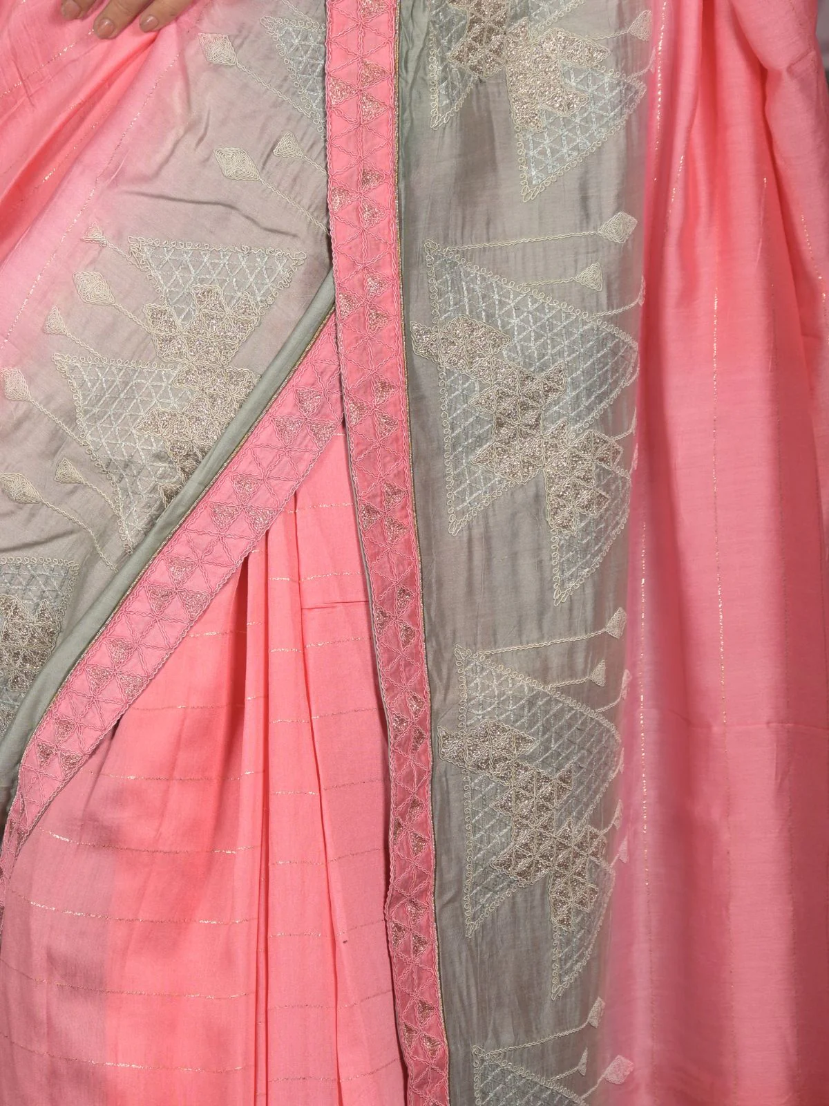 Odette Pink Embroidered Mercerized Cotton Saree with Unstitched Blouse for Women - Image 5