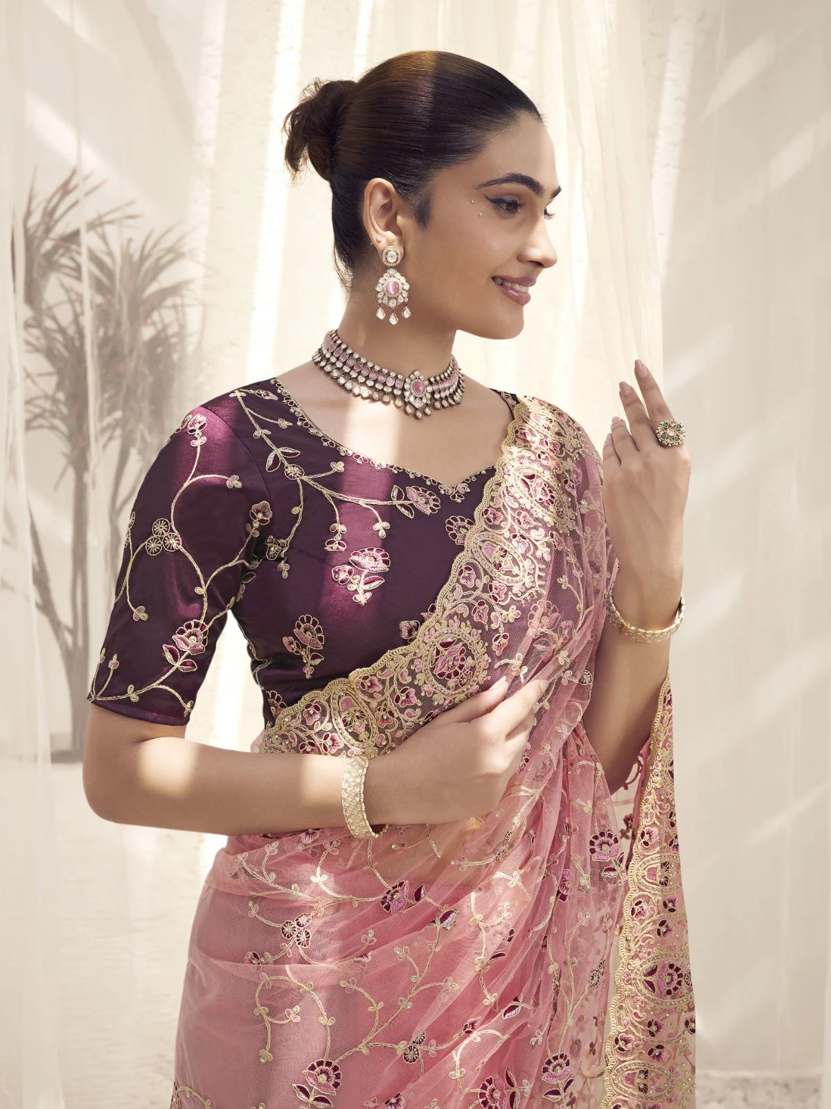 Odette Pink Embroidered Net Saree With Unstitched Blouse For Women - Image 2