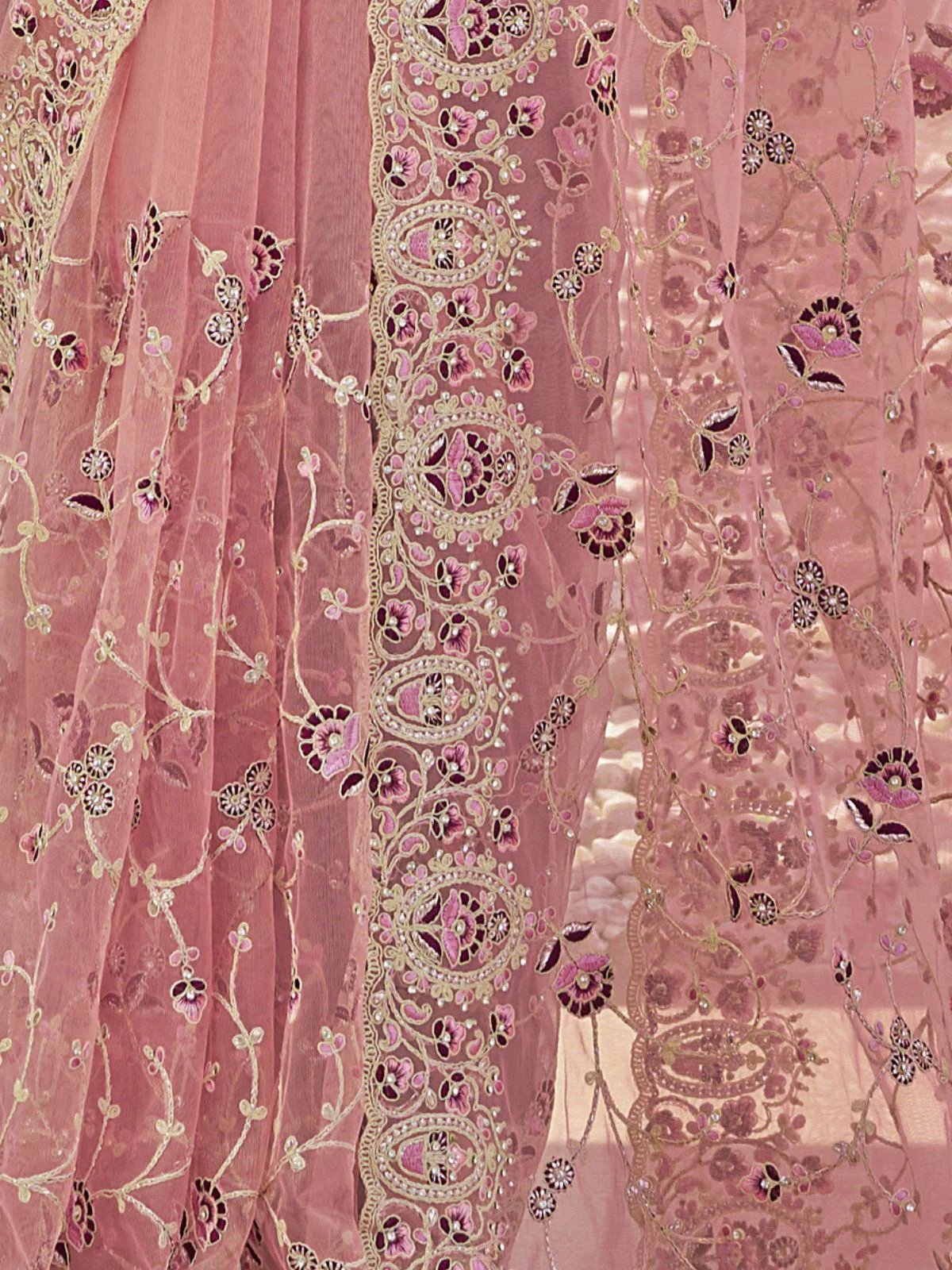 Odette Pink Embroidered Net Saree With Unstitched Blouse For Women - Image 4