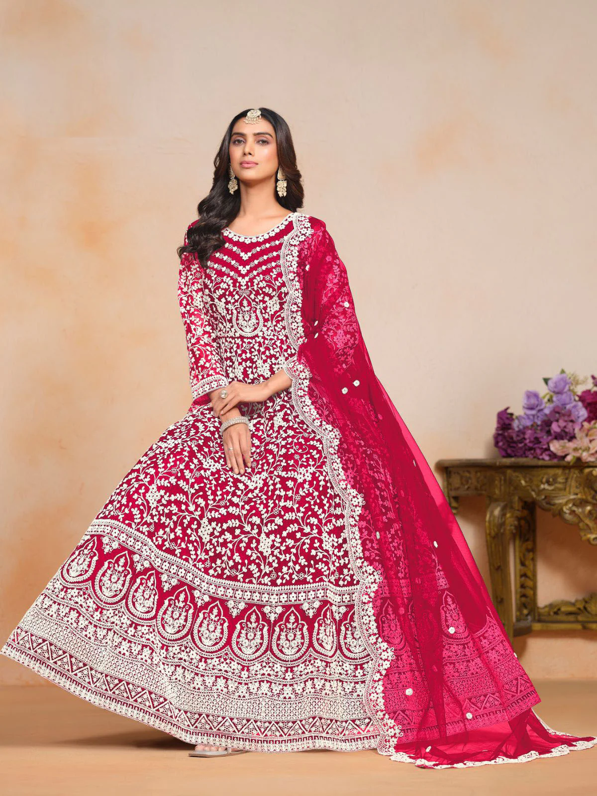 Odette Pink Embroidered Net Semi Stitched Gown With Dupatta For Women - Image 2