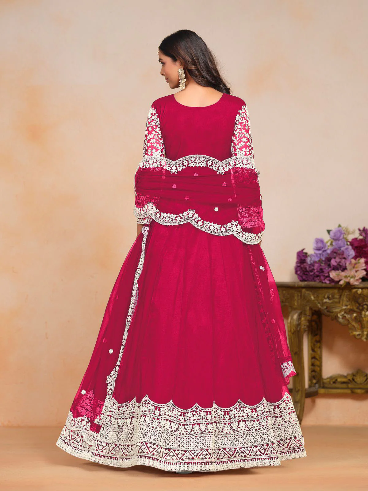 Odette Pink Embroidered Net Semi Stitched Gown With Dupatta For Women - Image 3