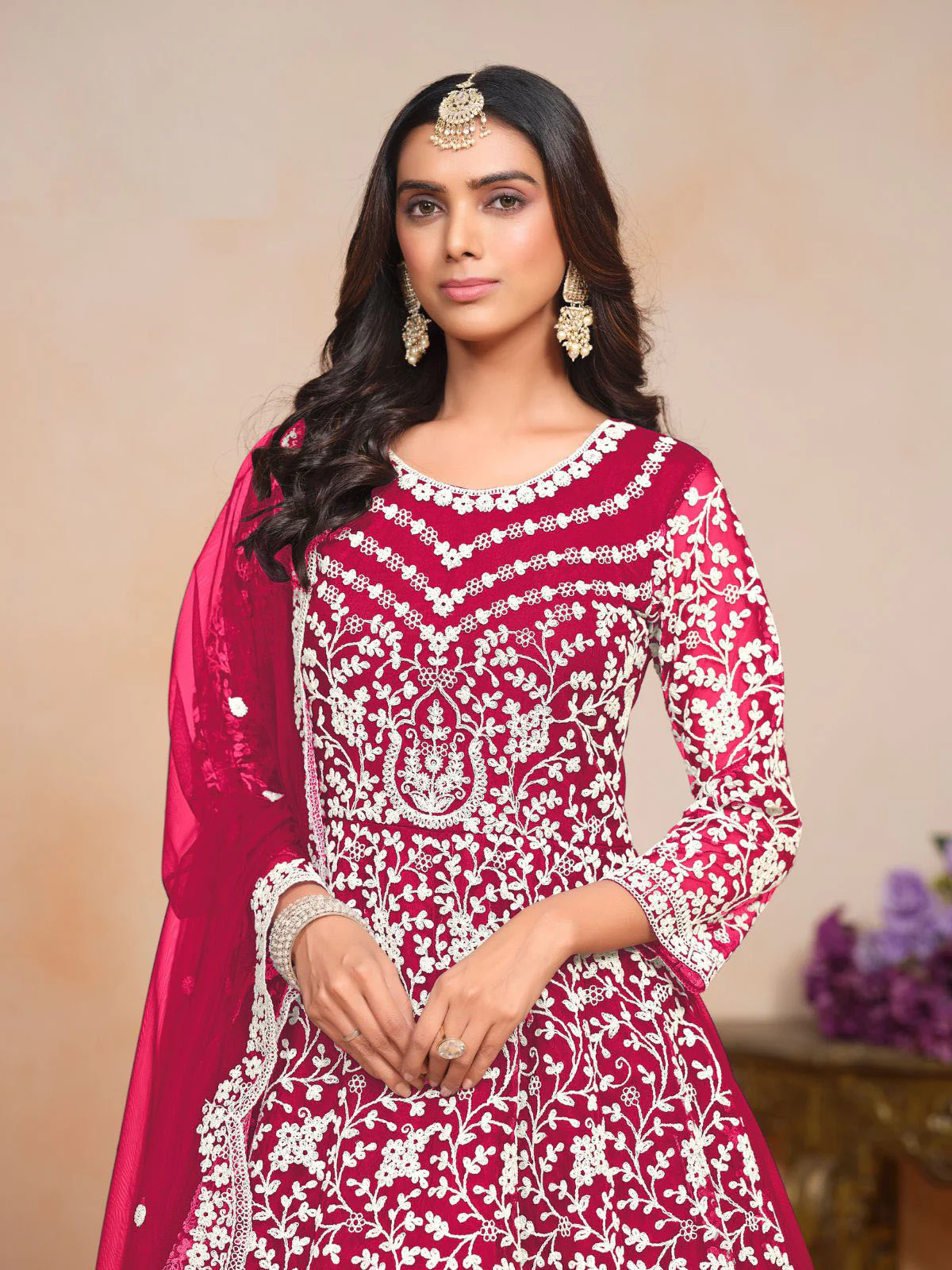 Odette Pink Embroidered Net Semi Stitched Gown With Dupatta For Women - Image 4