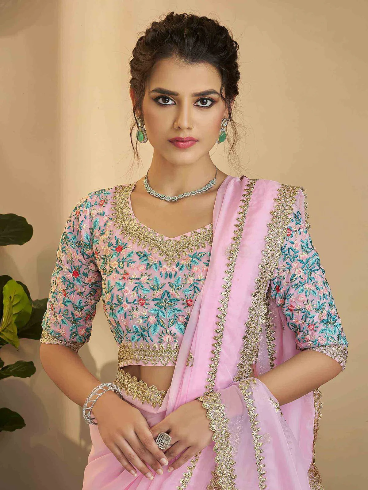 Odette Pink Embroidered Organza Saree With Unstitched Blouse For Women - Image 3