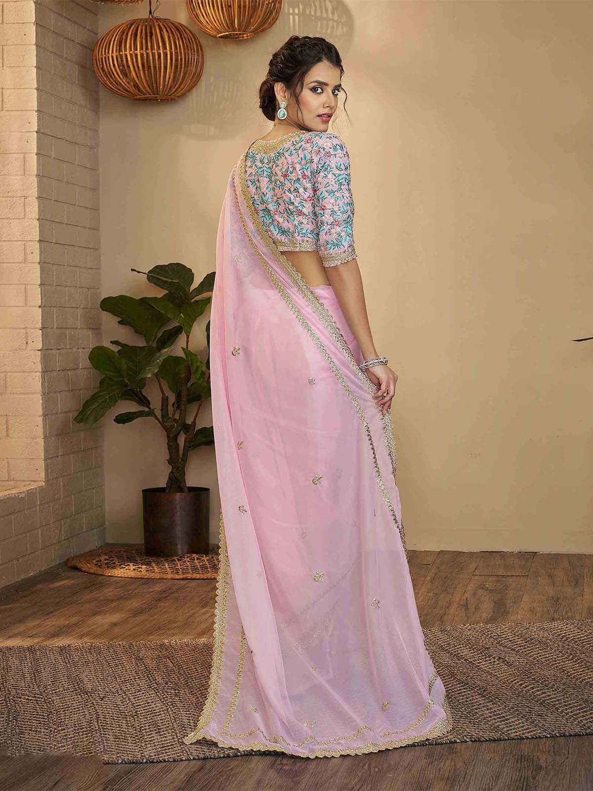 Odette Pink Embroidered Organza Saree With Unstitched Blouse For Women - Image 4