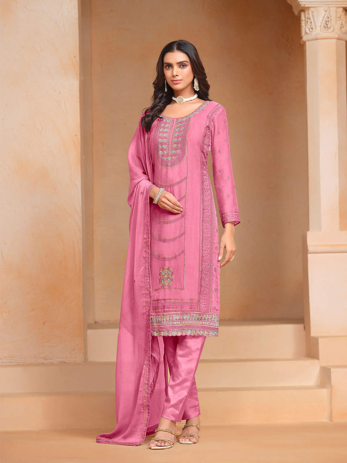 Odette Pink Embroidered Organza Semi Stitched Kurta Set With Dupatta For Women - Image 3