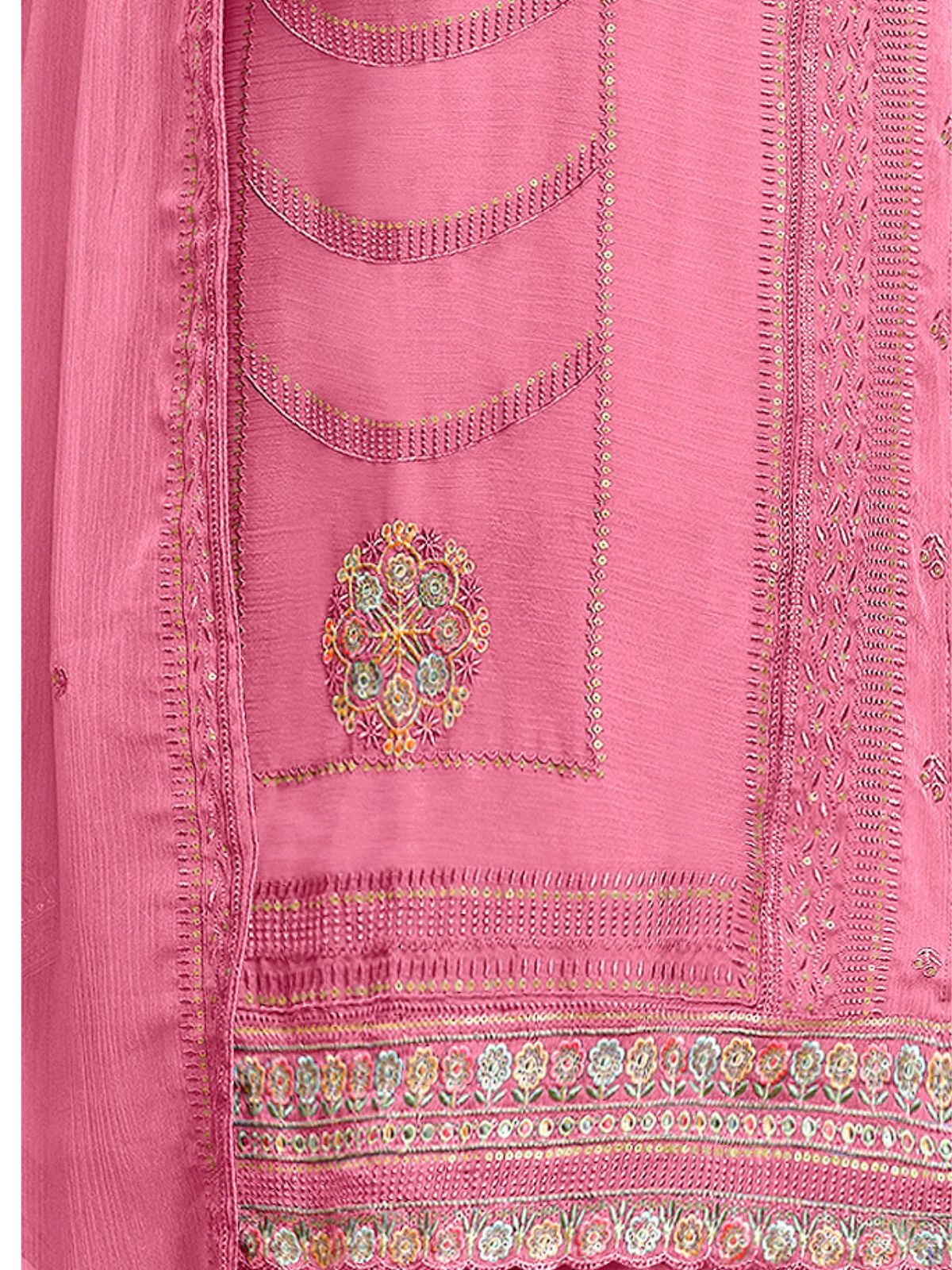 Odette Pink Embroidered Organza Semi Stitched Kurta Set With Dupatta For Women - Image 5