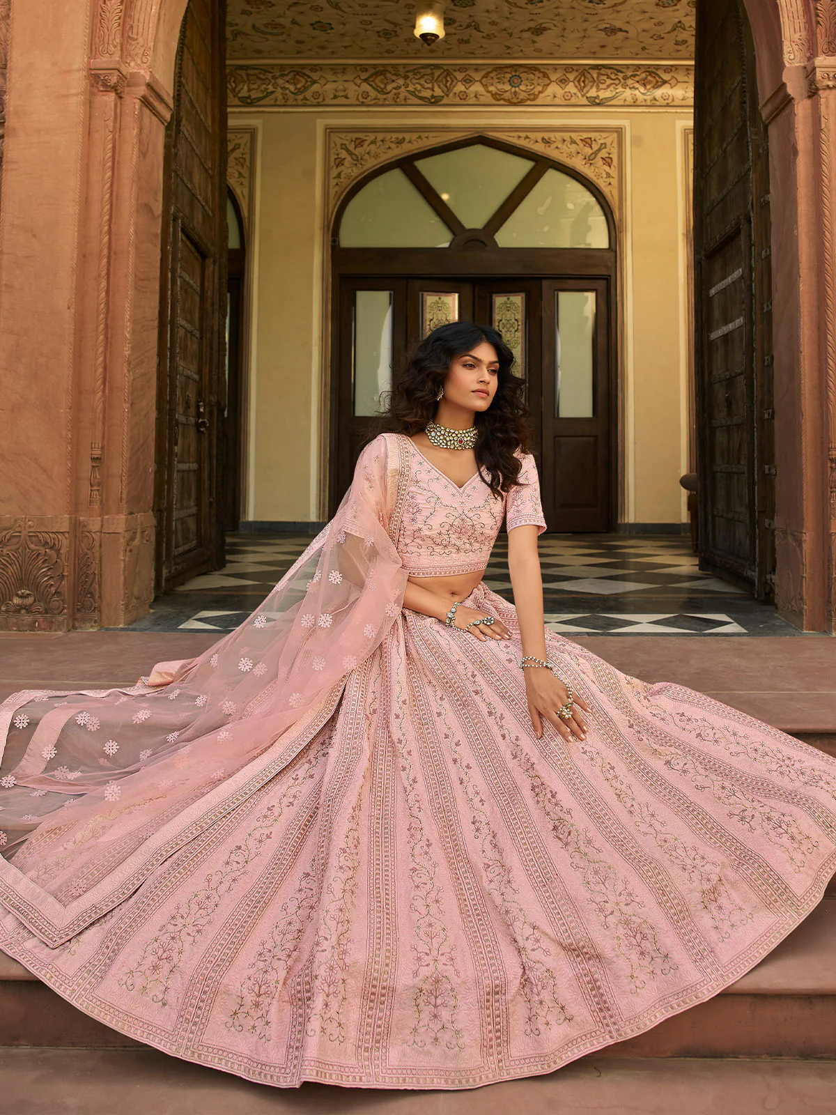 Odette Pink Embroidered Organza Semi Stitched Lehenga With Blouse For Women - Image 2